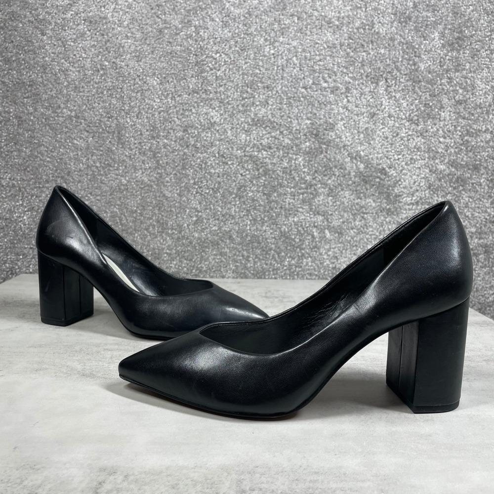 1 STATE Pumps Womens 7 Black Leather Block Heel Pointed Toe